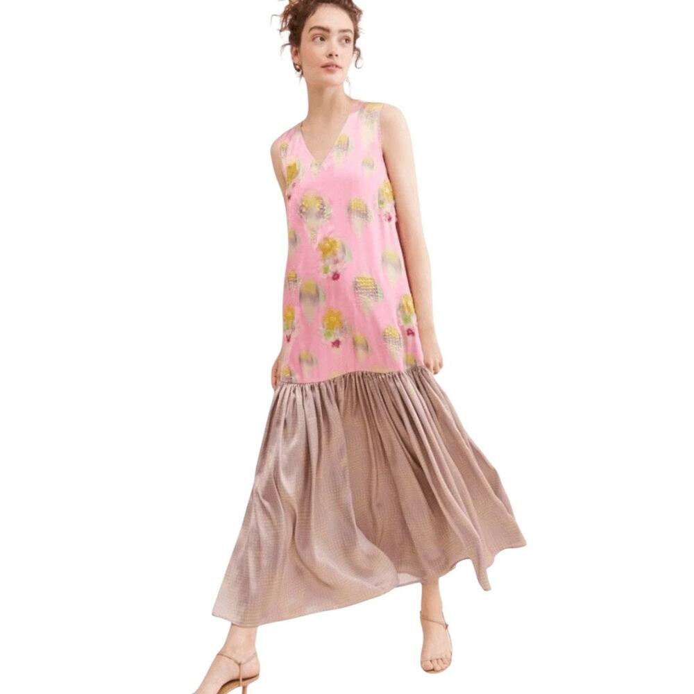 Anthropologie Pink and Tan Maxi Dress